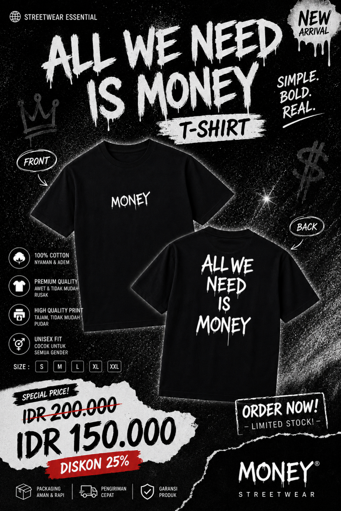 Kaos oversize hitam streetwear dengan desain tulisan "All We Need Is Money" dan "Money" warna putih, bahan premium