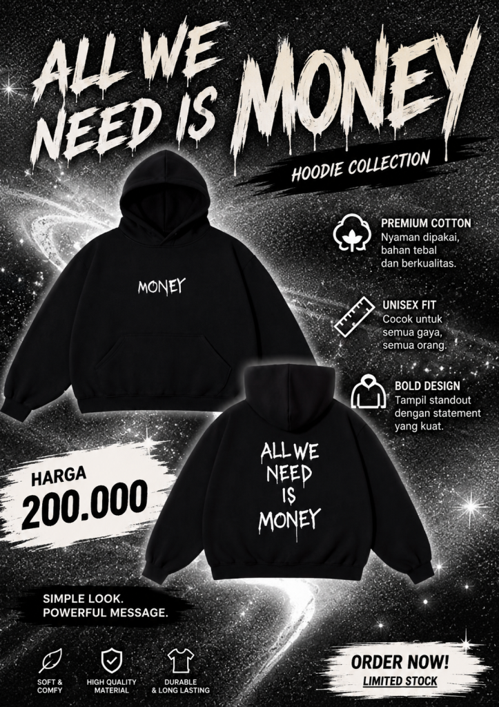 Hoodie Oversize All We Need Is Money warna hitam premium streetwear