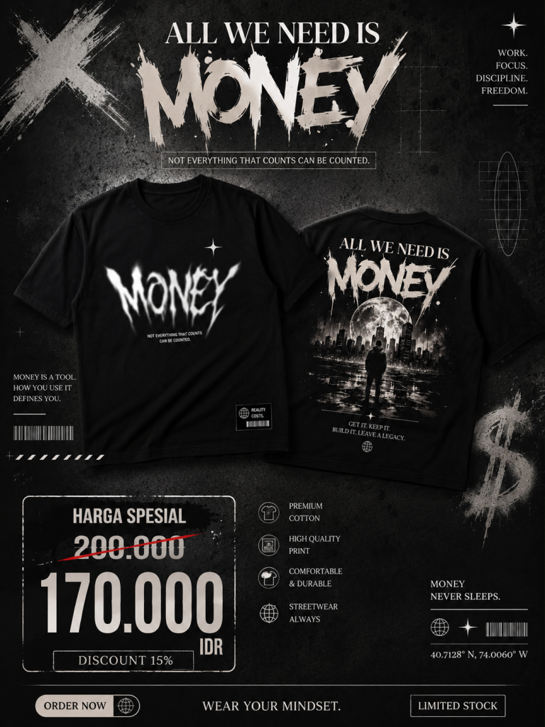 Kaos Oversize Streetwear Money Graphic Tee warna hitam dengan desain grafis All We Need Is Money pada bagian belakang dan tulisan Money pada bagian depan, premium black streetwear t-shirt.