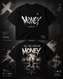 Kaos oversized hitam dengan desain grafis streetwear bertema Money, ilustrasi kota malam dan tipografi urban berwarna putih.